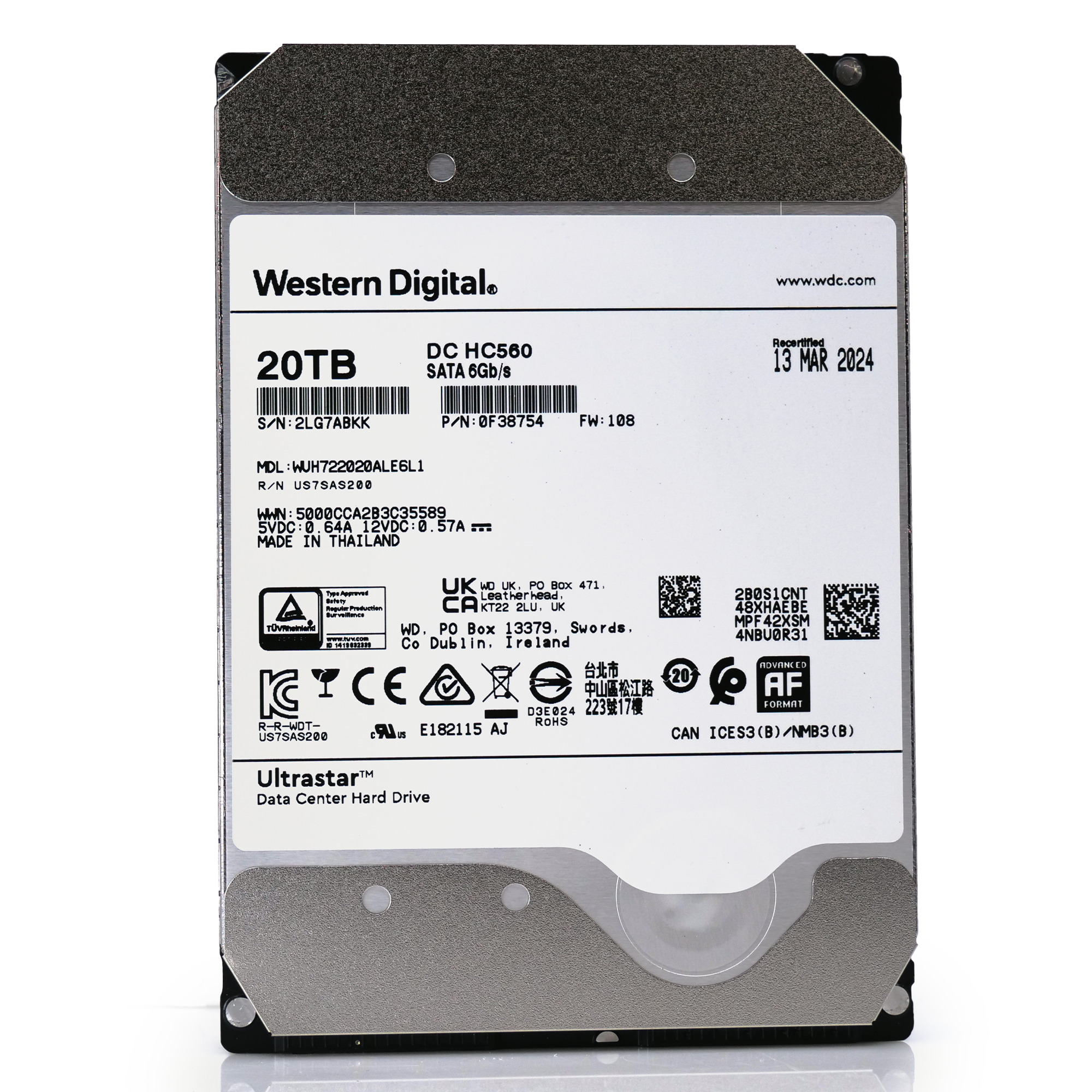 Western Digital Ultrastar DC HC560 WUH722020ALE6L1 0F38754 20TB 7.2K RPM SATA 6Gb/s SED 3.5in Recertified Hard Drive