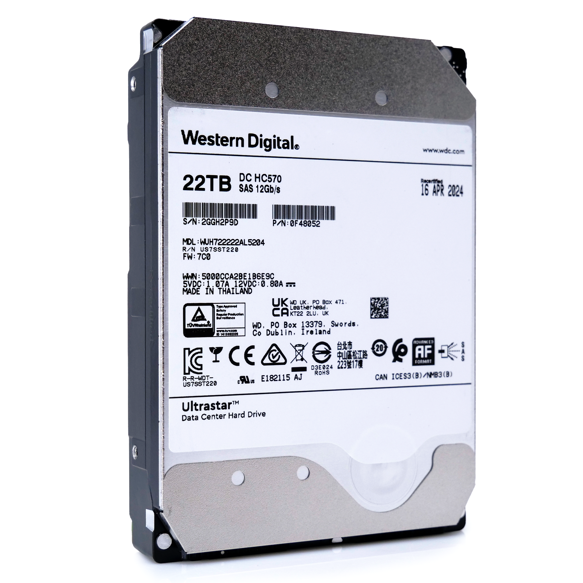 Western Digital Ultrastar HC570 WUH722222AL5204 0F48052 22TB 7.2K RPM SAS 12Gb/s 512e/4Kn 3.5in Refurbished HDD