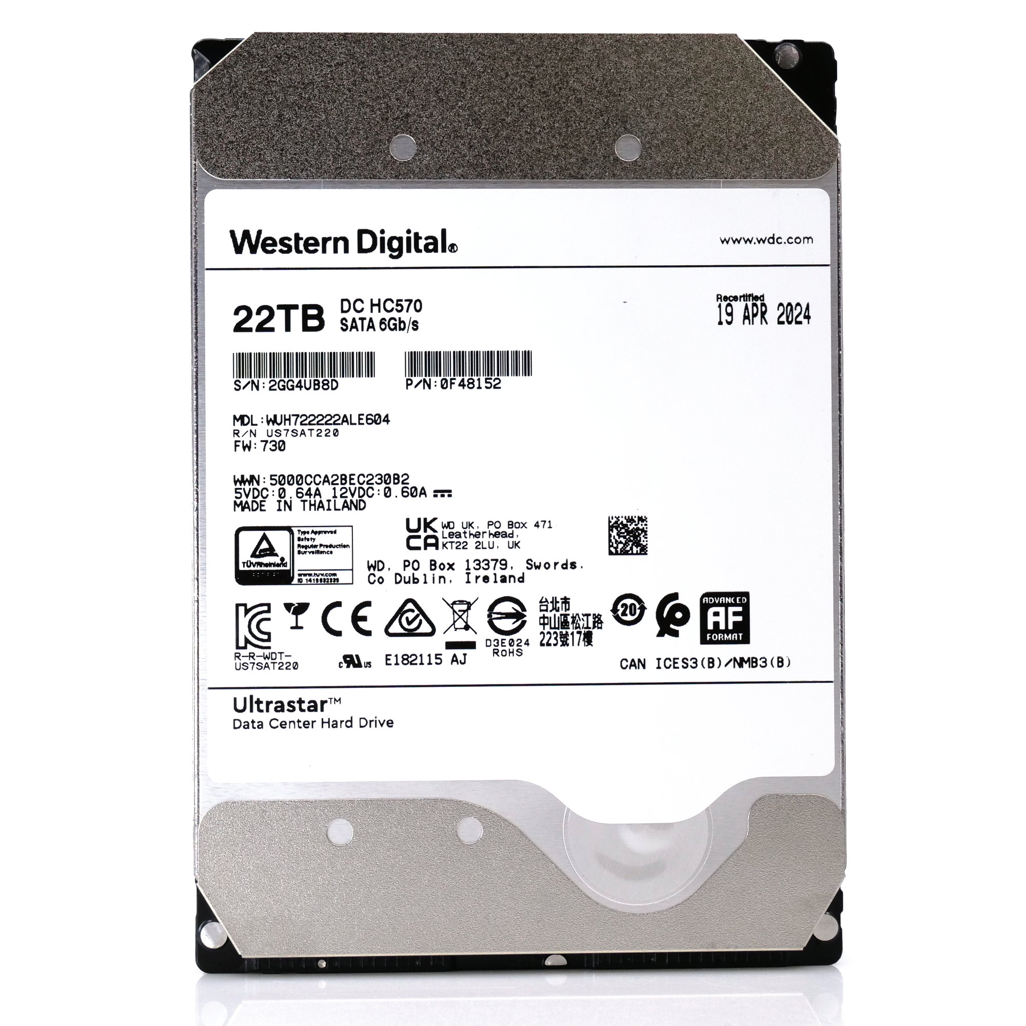 Western Digital Ultrastar HC570 WUH722222ALE604 0F48152 22TB 7.2K RPM SATA 6Gb/s 512e Power Disable 3.5in Recertified Hard Drive