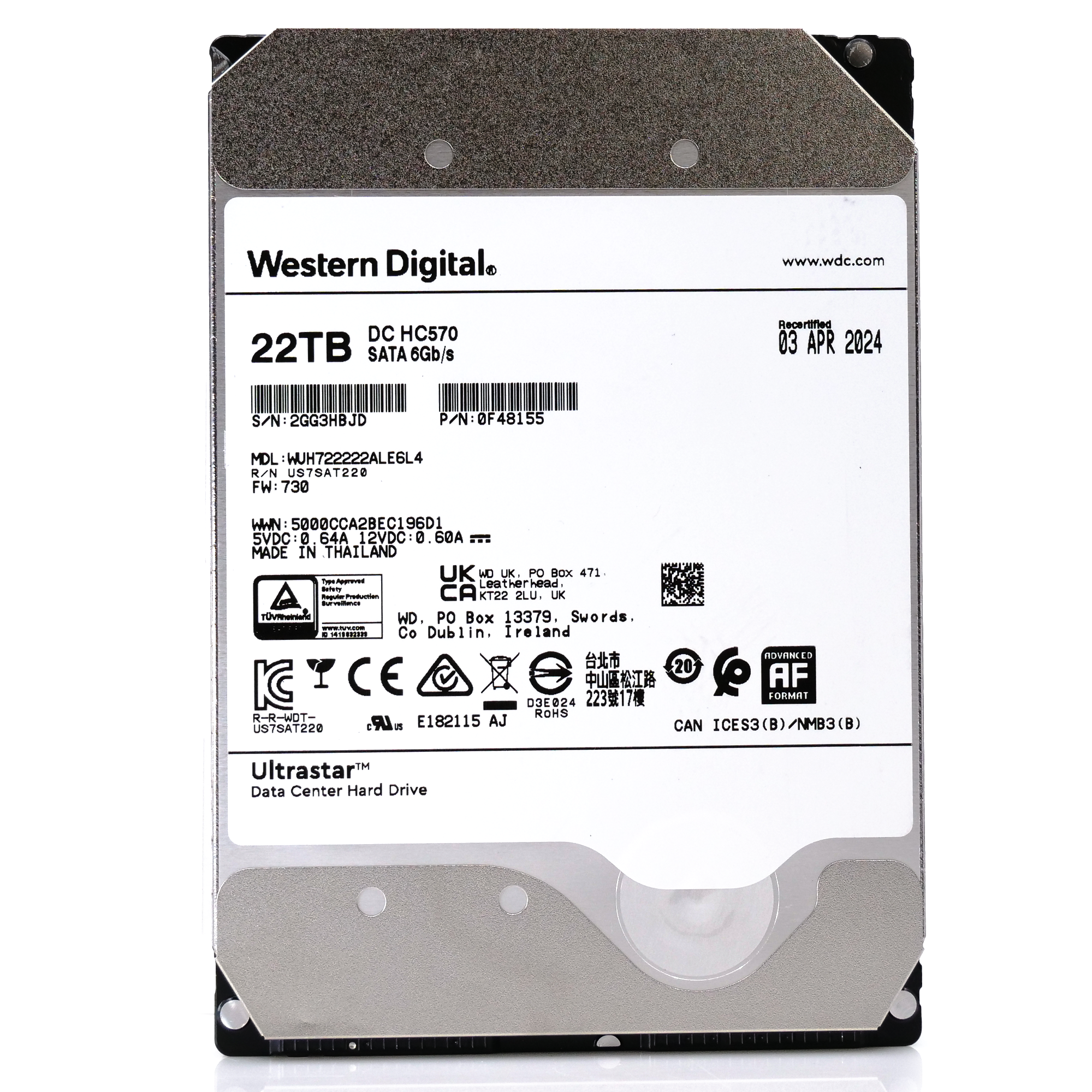 Western Digital Ultrastar DC HC570 WUH722222ALE6L4 0F48155 22TB 7.2K RPM SATA 6Gb/s 512e SE 3.5in Recertified Hard Drive