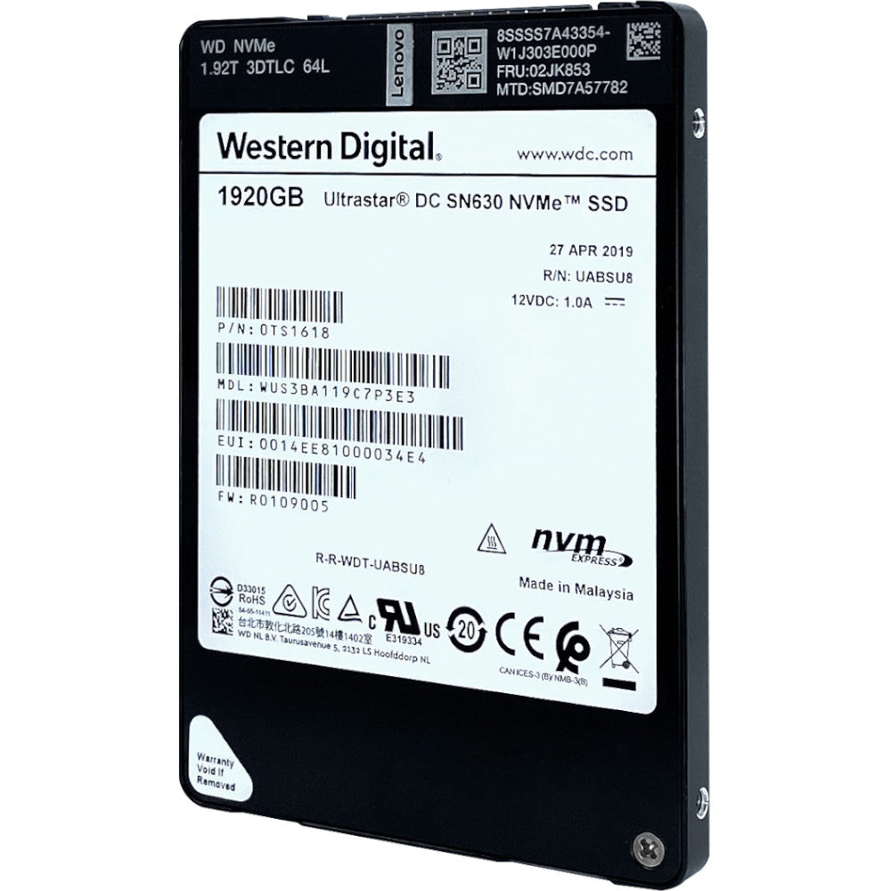 Lenovo Ultrastar DC SN630 WUS3BA119C7P3E3 0TS1618 1.92TB PCIe Gen 3.1 x4 4GB/s U.2 NVMe 2.5in Recertified Solid State Drive