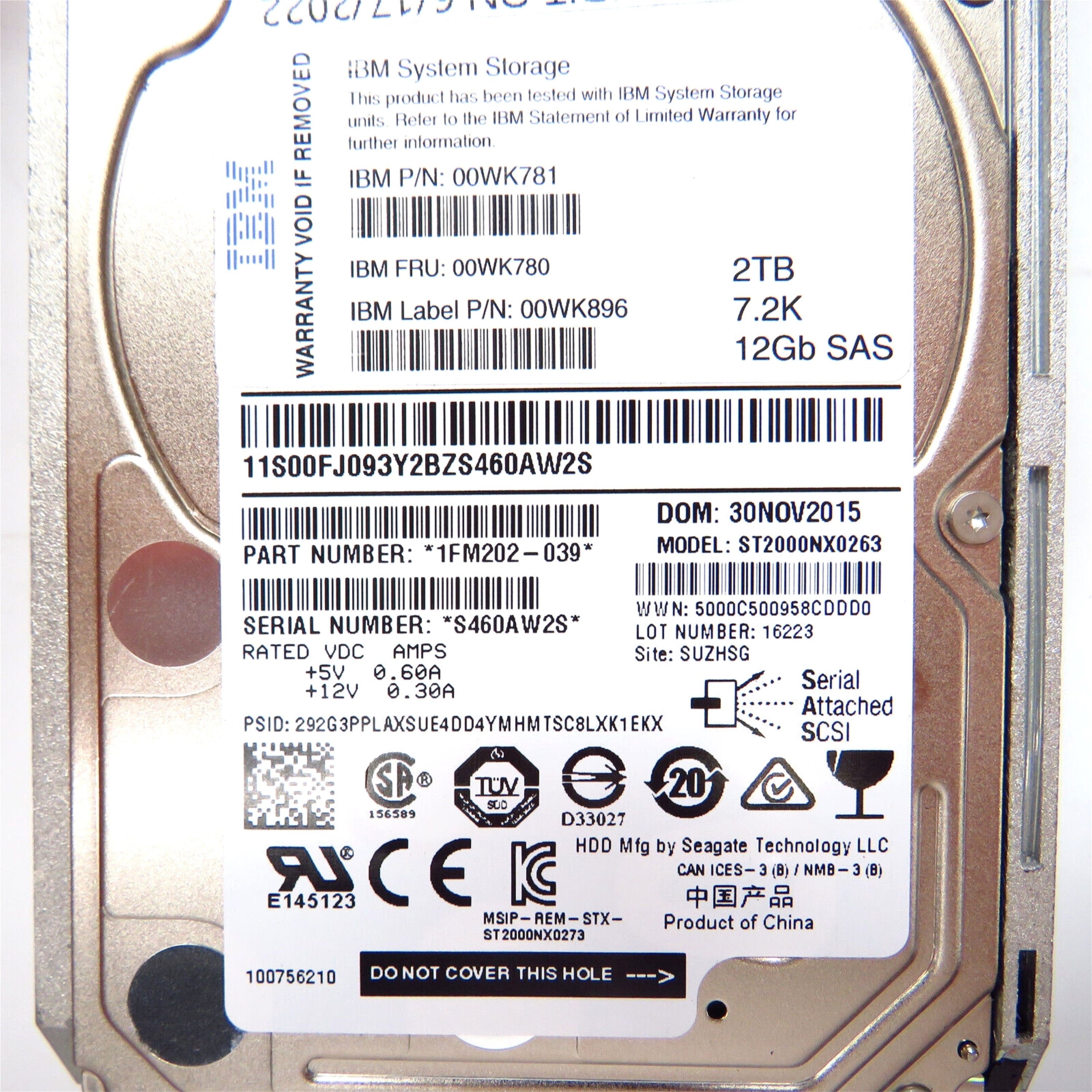 IBM 00WK780 2.5" 2TB 7200RPM SAS 12Gb/s Hard Disk Drive (HDD), Silver (Refurbished)