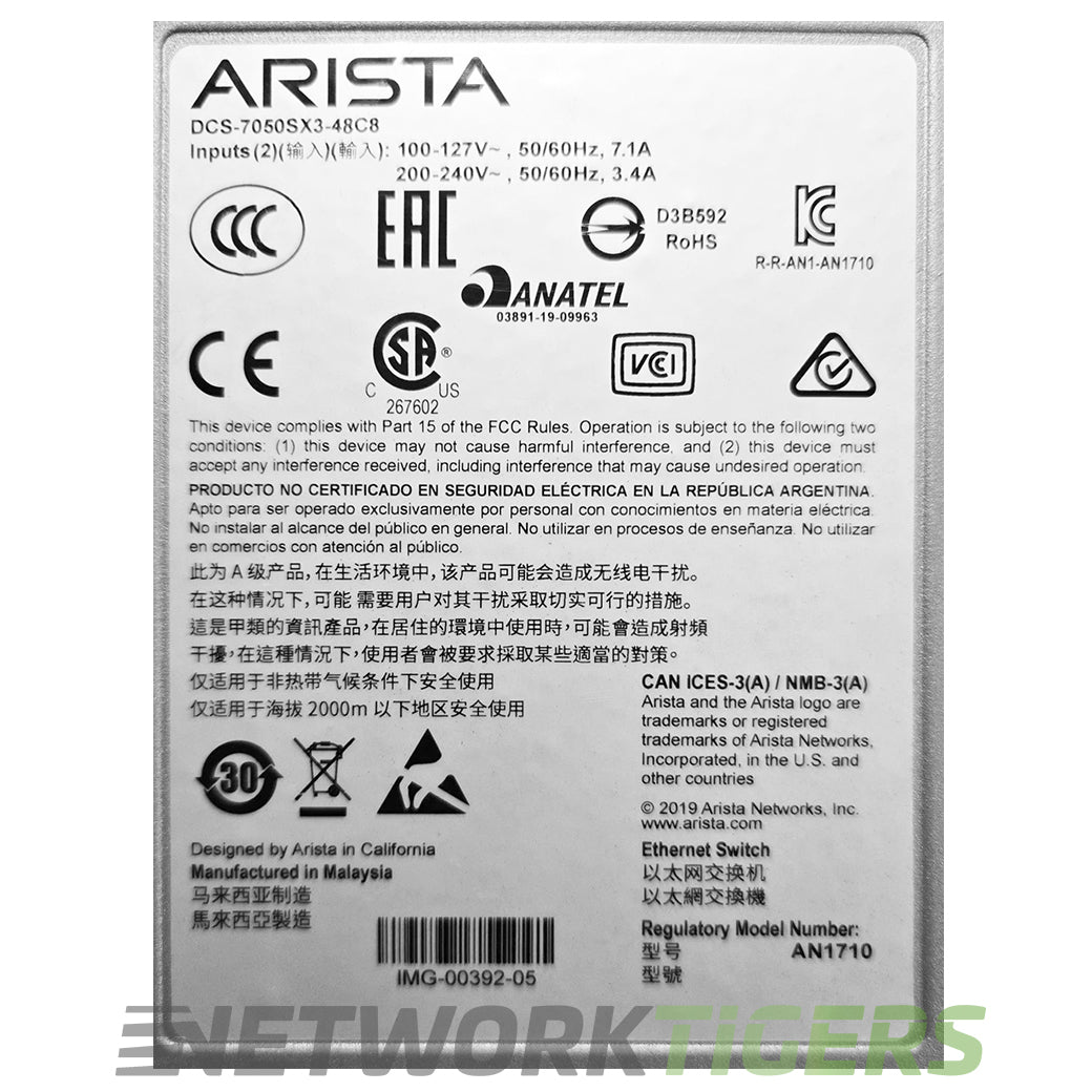 NEW Arista DCS-7050SX3-48C8-F 48x 10GB SFP+ 8x 10GB QSFP28 F-B Air Switch