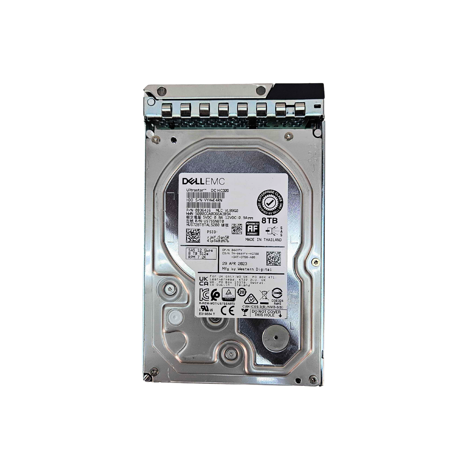 Dell 8TB SAS 12G 7.2K RPM LFF 3.5" 512e AF HDD WD Ultrastar DC H320 HUS728T8TAL5200 044YFV 44YFV with Dell PowerEdge Server Tray
