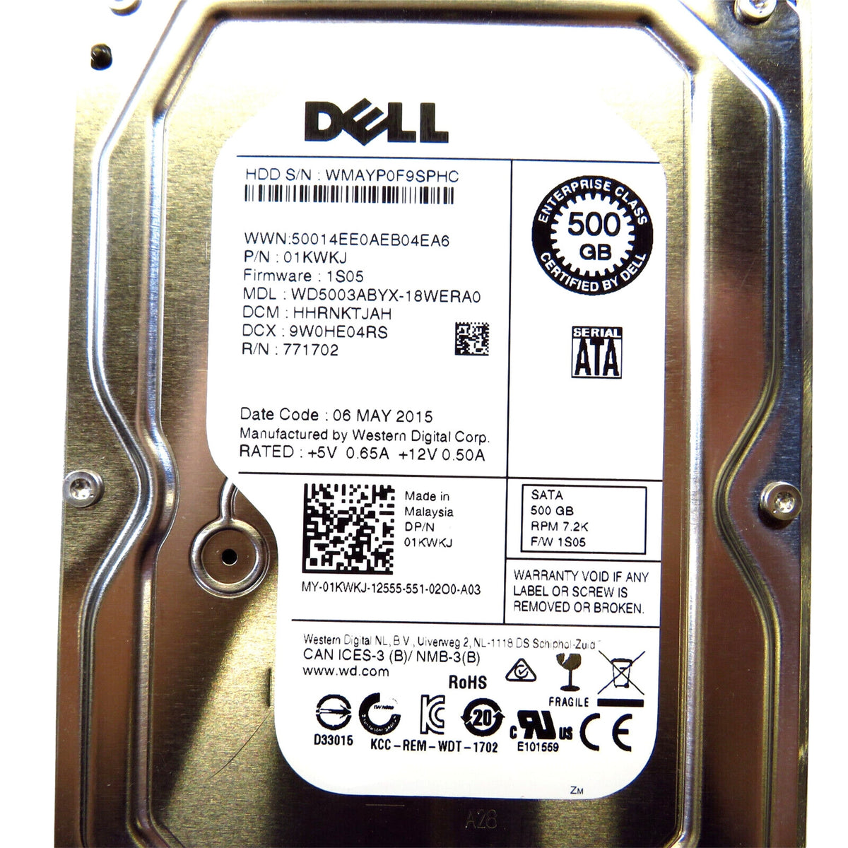 Dell 1KWKJ 3.5" 500GB 7200RPM SATA II Hard Disk Drive (HDD), Silver (Refurbished)
