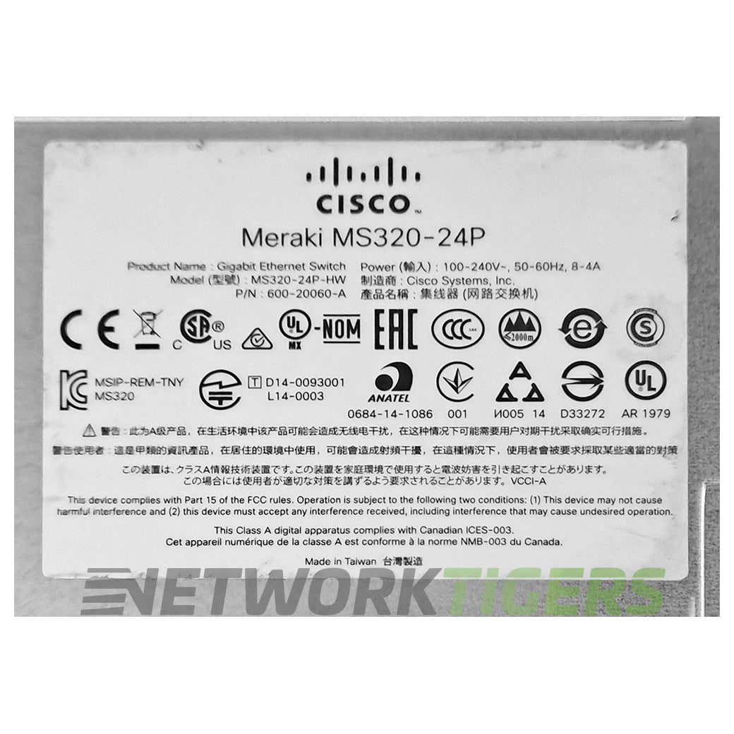 Cisco Meraki MS320-24P-HW 24x 1GB PoE+ RJ45 4x 10GB SFP+ Unclaimed Switch