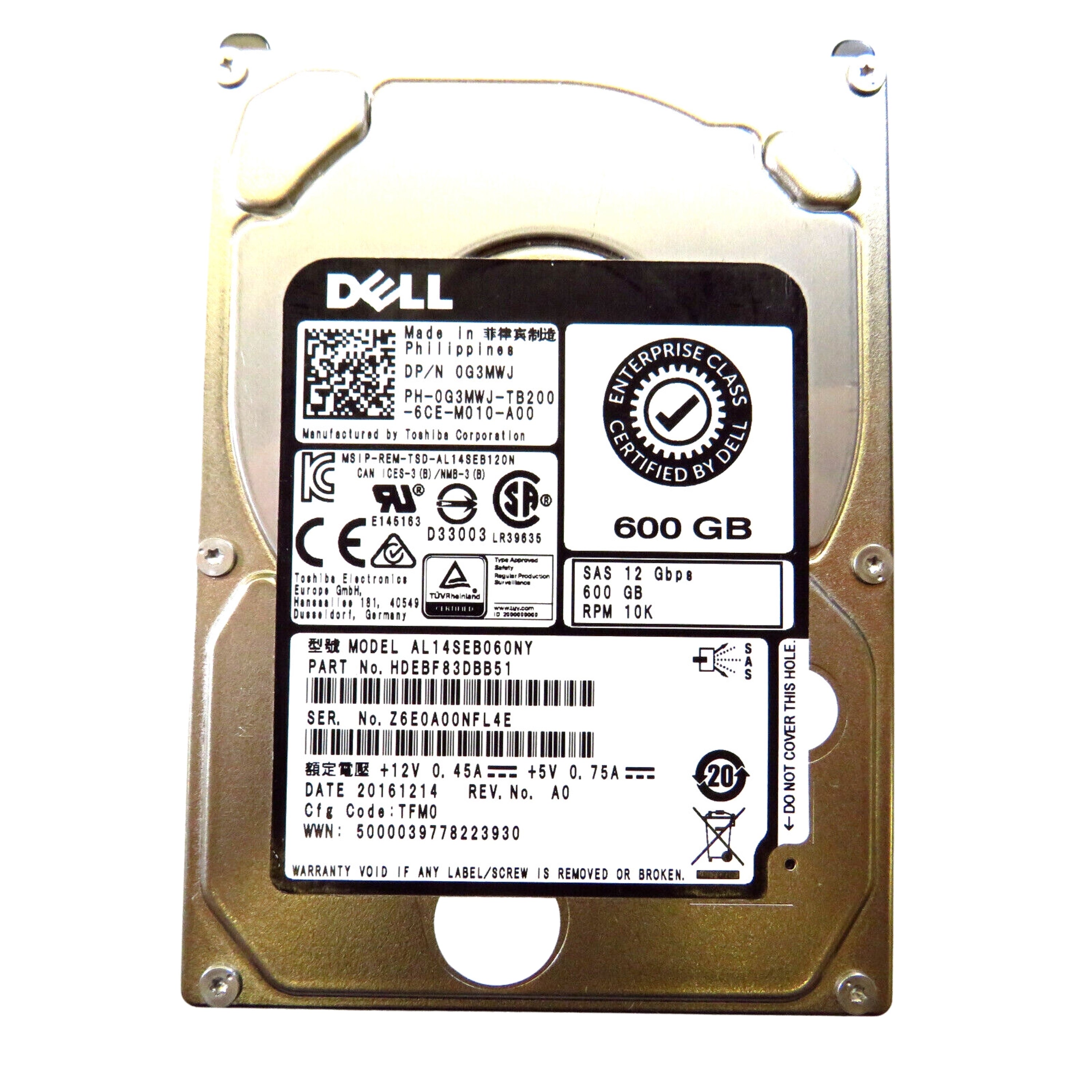 Dell G3MWJ 2.5" 600GB 10000RPM SAS 12Gb/s Hard Disk Drive (HDD), Silver (Refurbished)