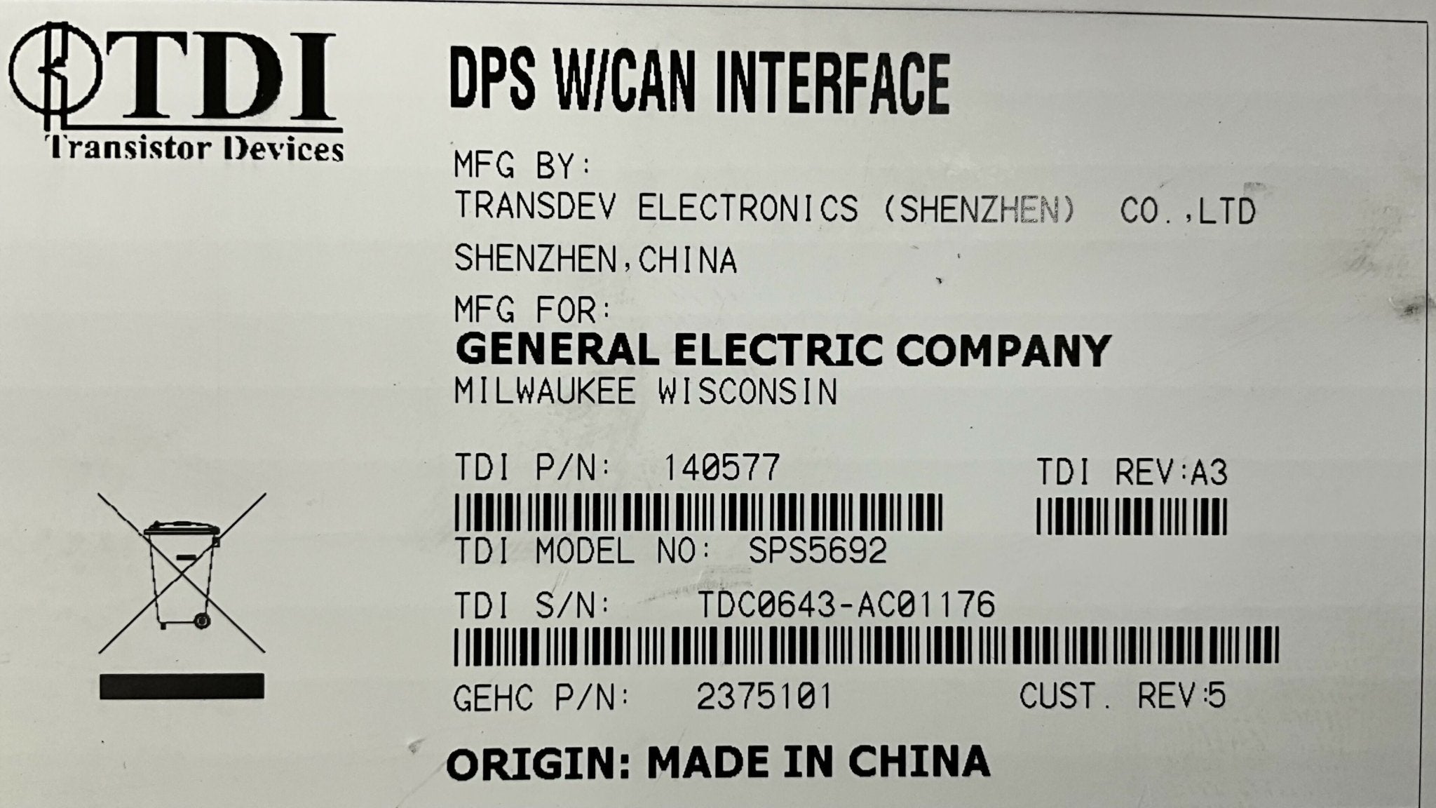 DETECTOR POWER SUPPLY (2375101/SPS5692/5134847 ) GE