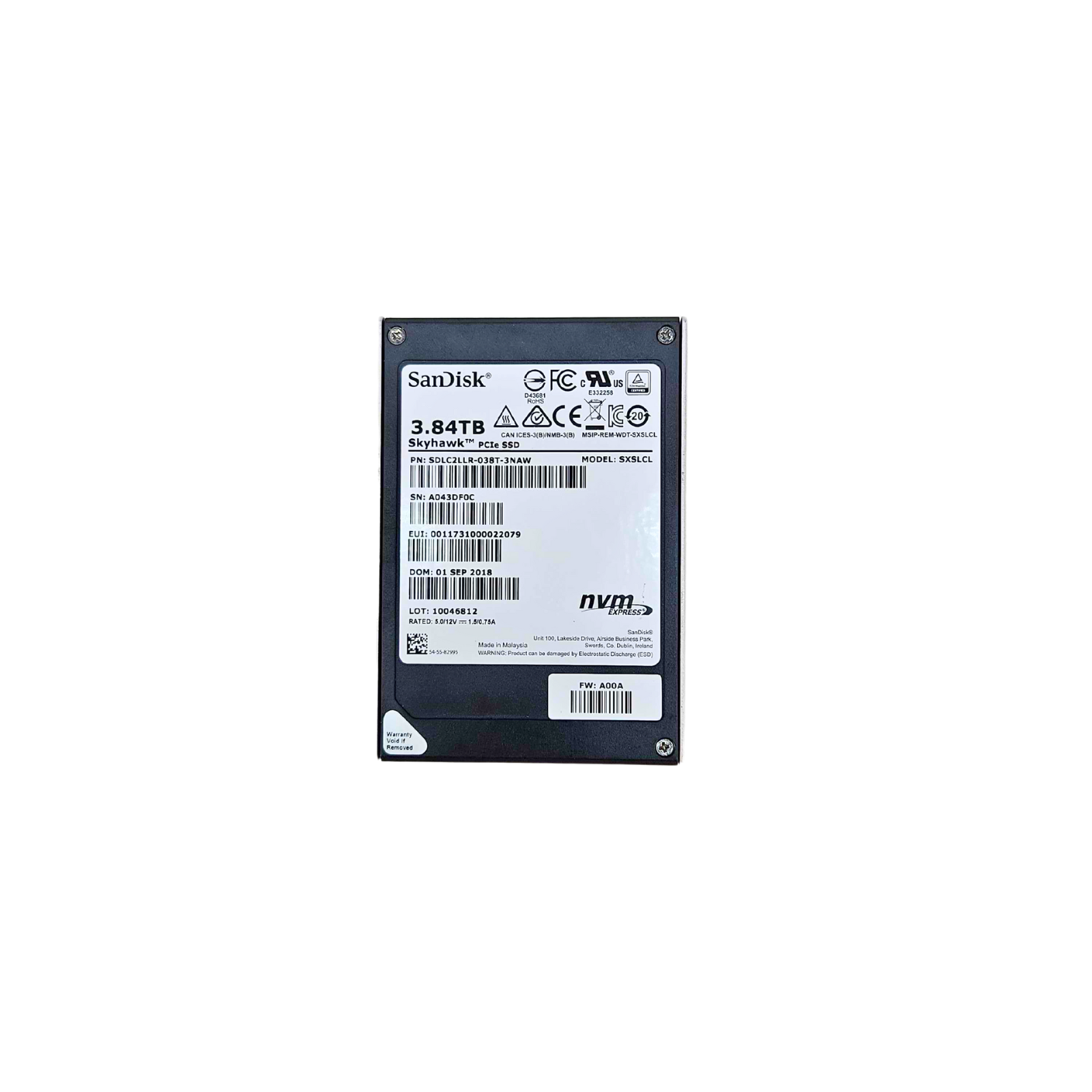 SanDisk 3.84TB NVMe U.2 PCIe Gen 3.0 x4 RI SFF 2.5" SSD Skyhawk Series SXSLCL SDLC2LLR-038T-3NAW SDLC2LLR-038T-3NAW