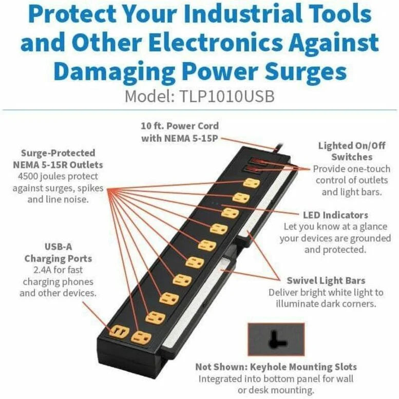 Eaton Tripp Lite Series Protect It! 10-Outlet Surge Protector with Swivel Light Bars - 5-15R Outlets, 2 USB Ports, 10 ft. (3 m) Cord, 4500 Joules, Black