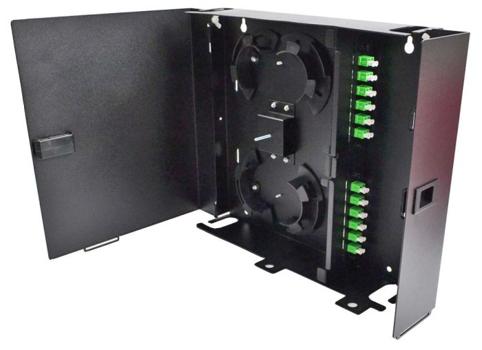 Wall Mount Enclosure 2 Panel Deluxe Loaded with 2 Duplex LC/APC Plates & Splice Trays Black