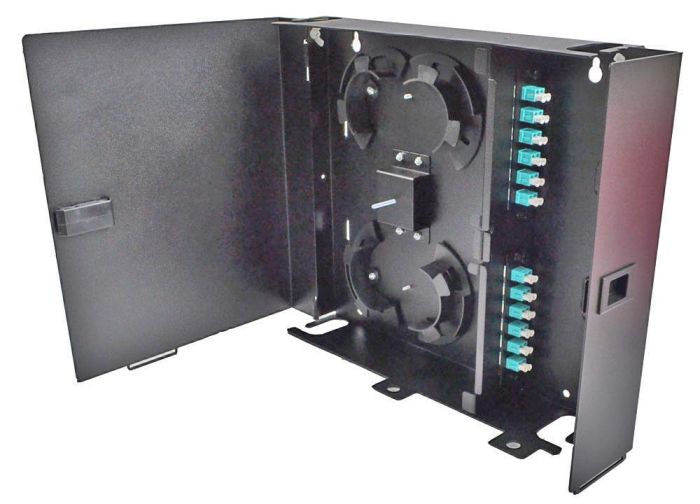 Wall Mount Enclosure 2 Panel Deluxe Loaded with 2 Duplex LC OM3 Plates & Splice Trays Black