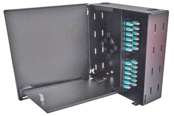 Wall Mount Enclosure 4 Panel Deluxe Loaded with 4 Duplex LC OM3 Plates & Splice Trays Black