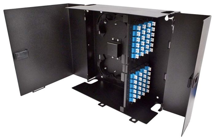 Wall Mount Enclosure 8 Panel Deluxe Loaded with 8 Duplex LC/UPC Plates & Splice Trays Black