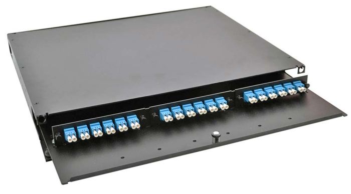Rack Mount Enclosure 1RU Loaded with 3 Duplex LC/UPC Plates & Splice Trays Black