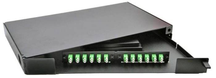 Rack Mount Enclosure Swingout 1RU Loaded w/ 2 Duplex LC/APC Plates & Splice Trays Black