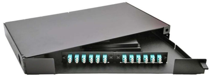 Rack Mount Enclosure Swingout 1RU Loaded with 2 Duplex LC OM3 Plates & Splice Trays Black