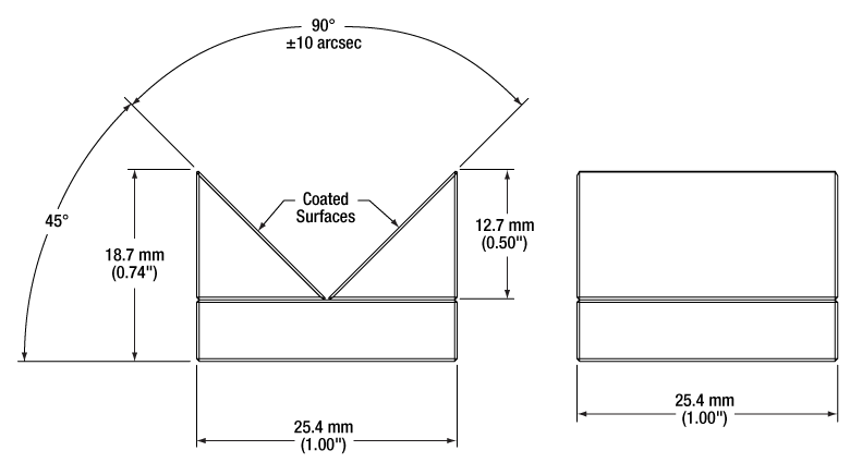 T-HRS1015-F01 - 1" x 1" Hollow Roof Prism Mirror, UV Enhanced Aluminum
