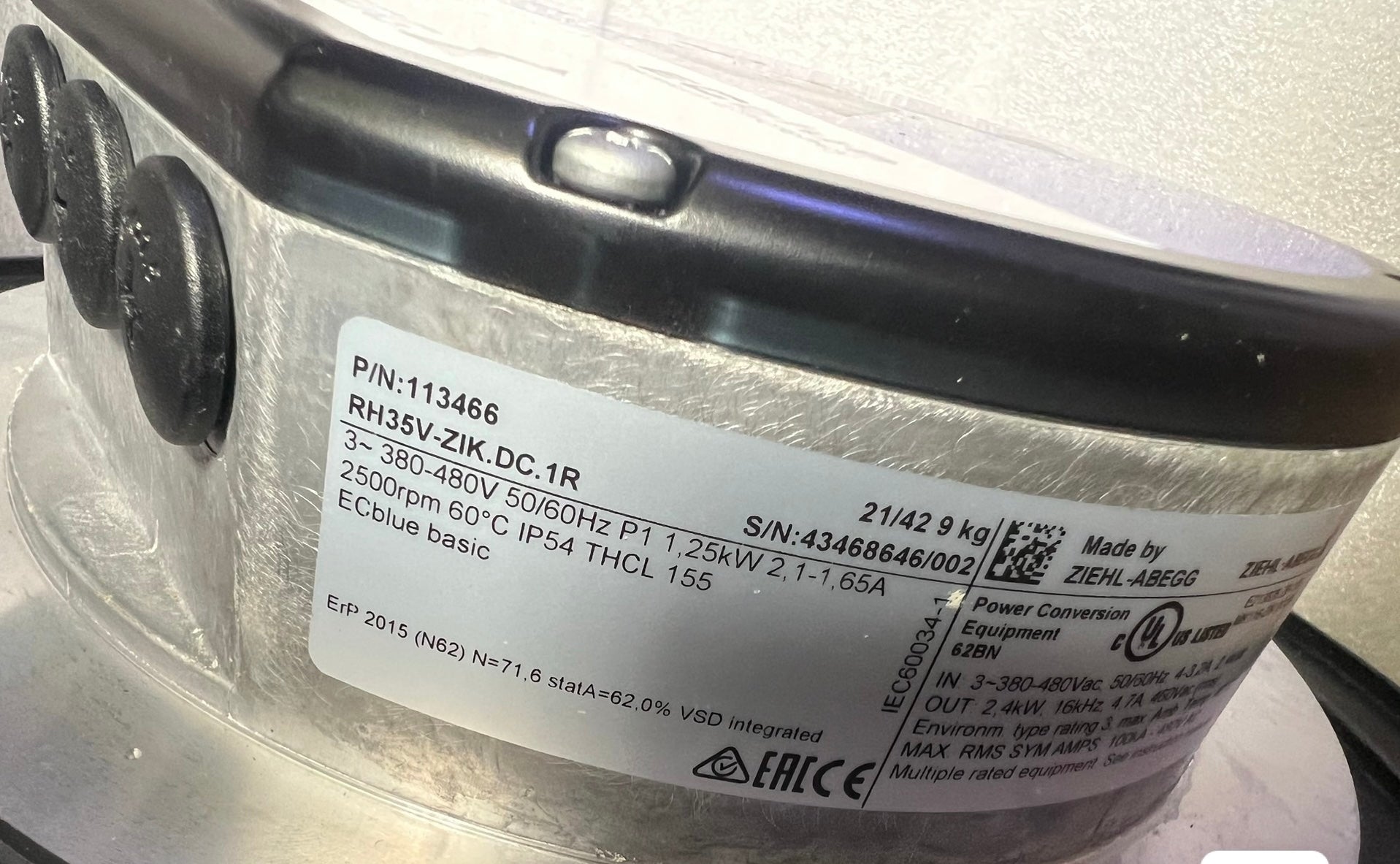 Brand new RH35V-ZlK.DC.1R ZIEHL-ABEGG centrifugal fan 200-277V/380-480V 0.86kW 2200RPM