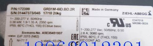 GR31M-6ID.BD.2R ZIEHL-ABEGG centrifugal fan 200-277V 0.38KW 1.9/1.35A 1350rpm