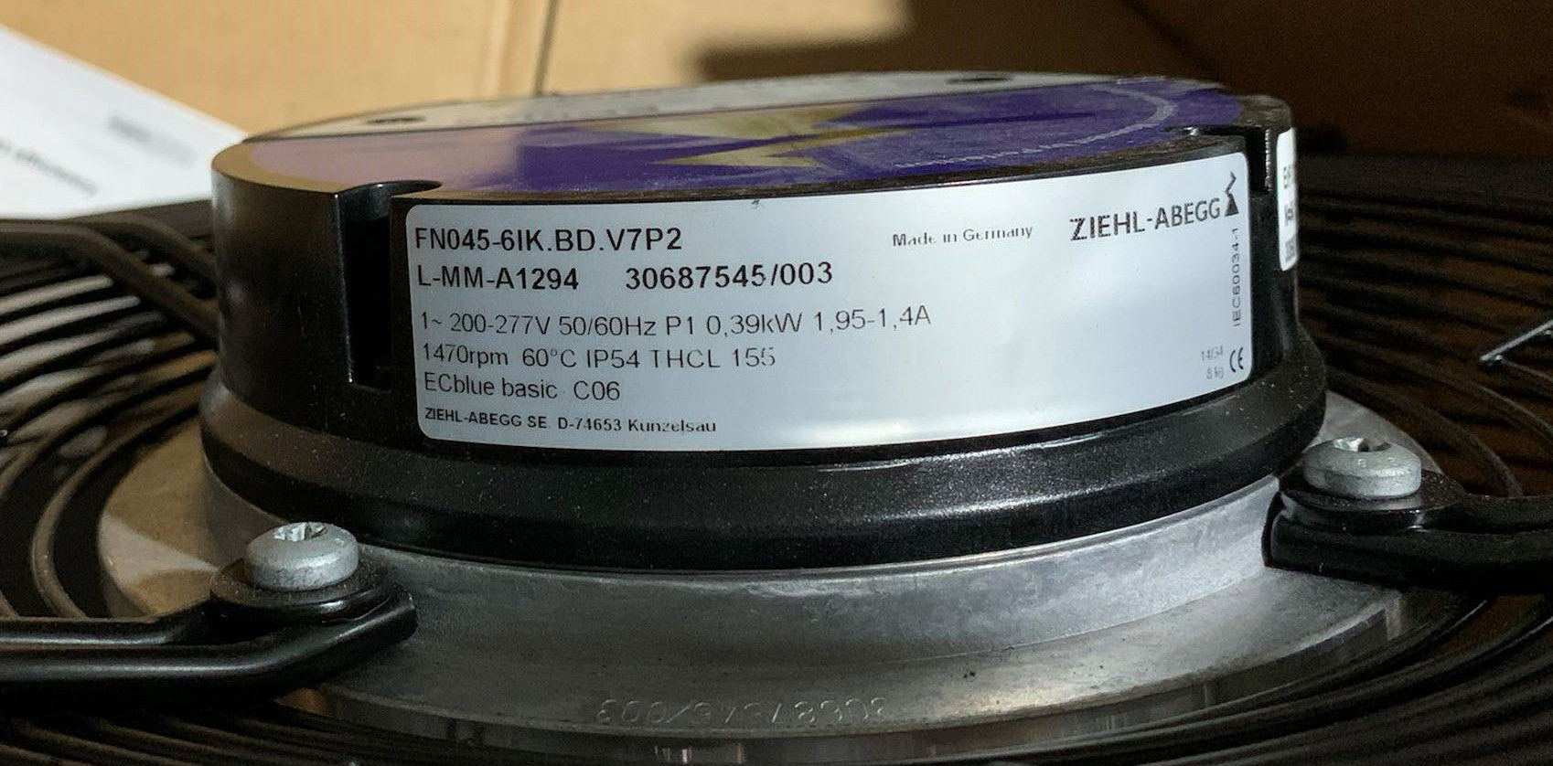 FN045-6lK.BD.V7P2 ZIEHL-ABEGG Axial Fan 200-277V 0.39kW 1.95/1.40A 1470rpm