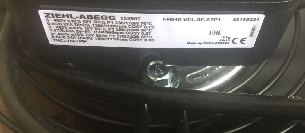 FN040-VDL.0F.A7P1 ZIEHL-ABEGG Axial Fan 0.37/0.17kW 3~400V 0.27/0.56A