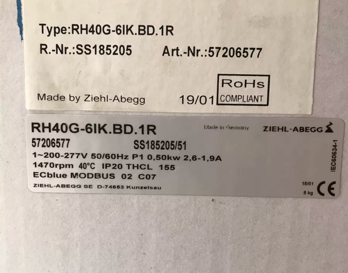RH40G-6IK.BD.1R ZIEHL-ABEGG centrifugal fan 0.5kW 200/277V 2.6/1.9A 1470rpm