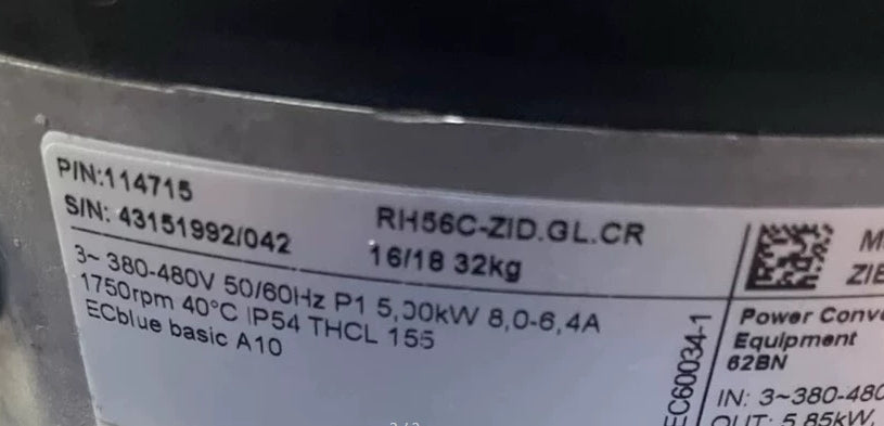 RH56C-ZID.GL.CR 116161 ZIEHL-ABEGG centrifugal fan 3~380/480V 5kW 8.0/6.4A 750rpm