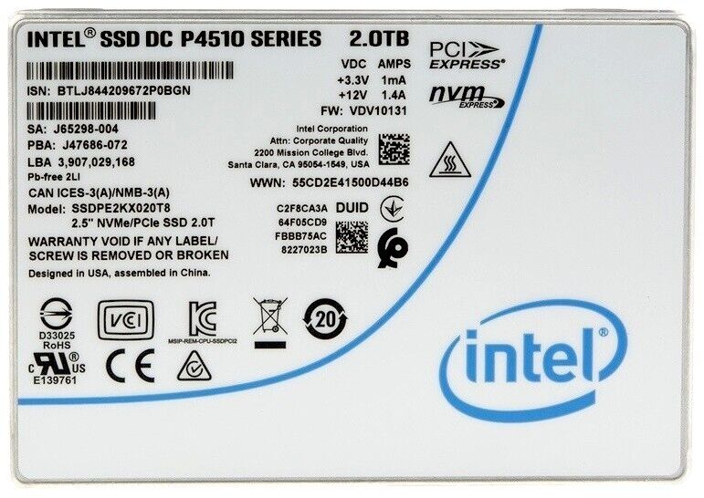Intel P4510 SSDPE2KX020T8 2TB PCIe Gen 3.1 x4 4GB/s U.2 NVMe 2.5in Refurbished SSD