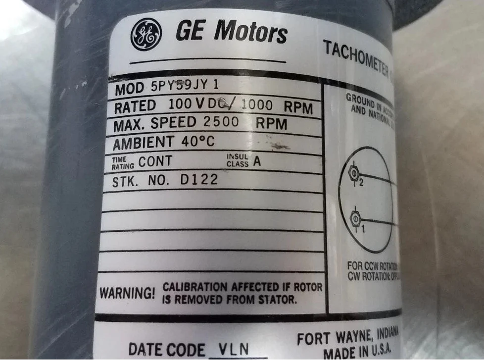 General Electric 5PY59JY2 DC Tachometer Generator 50VDC 1000RPM Flange Mounted GE59 Frame