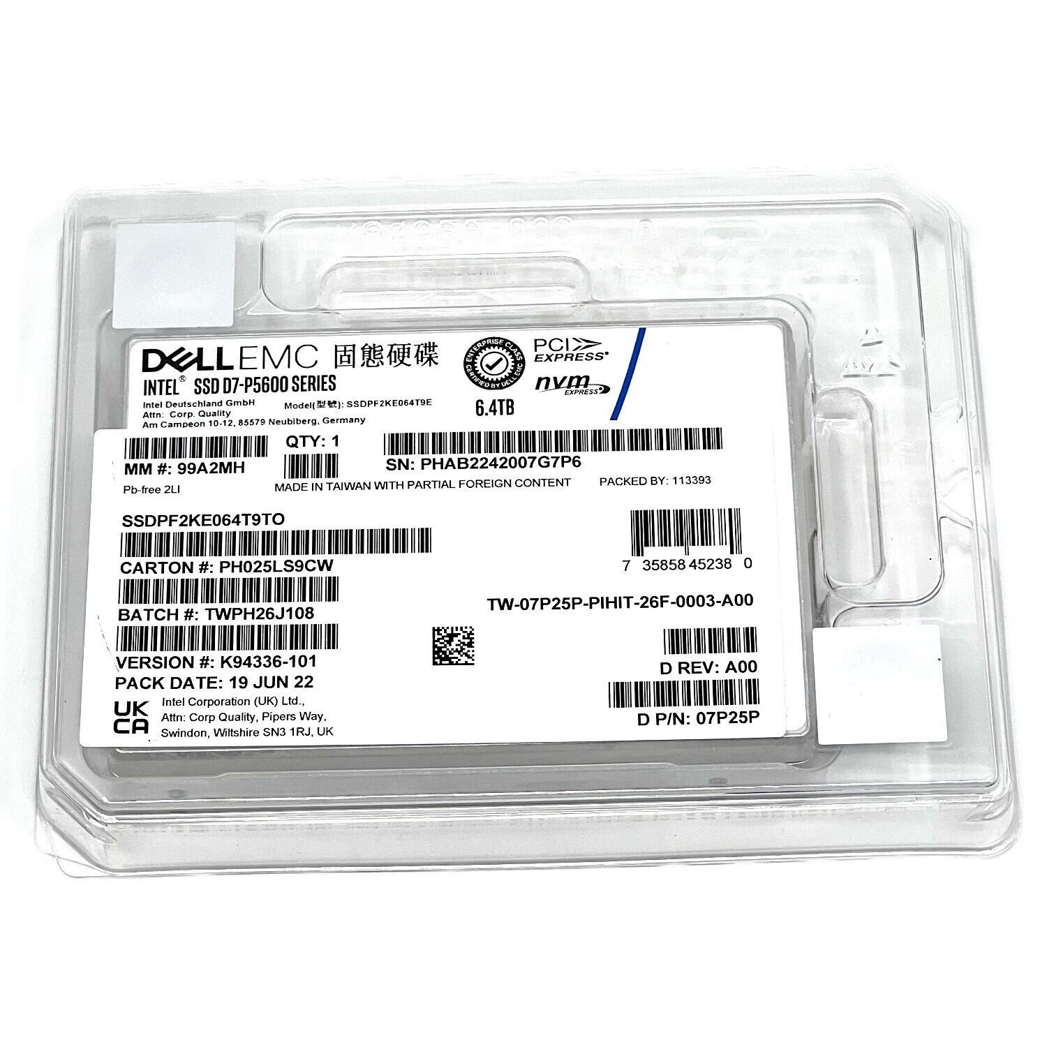 Dell D7-P5600 SSDPF2KE064T9TO 07P25P 6.4TB PCIe Gen 4.0 X4 8GB/s 3D TLC 3DWPD U.2 NVMe 2.5in Solid State Drive
