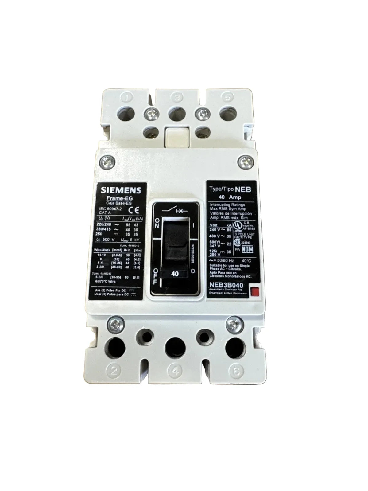 Siemens NEB3B040 3-Pole 40A Molded Case Circuit Breaker 600V 35kA Thermal-Magnetic Bolt-On
