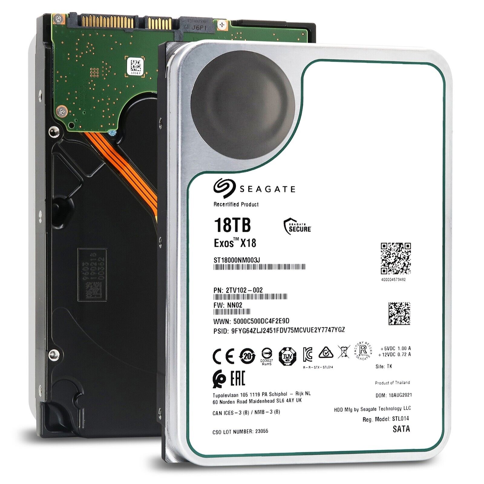 Seagate Exos X18 ST18000NM003J 2TV102-002 18TB 7.2K RPM SATA 6Gb/s 4Kn 3.5in Recertified Hard Drive
