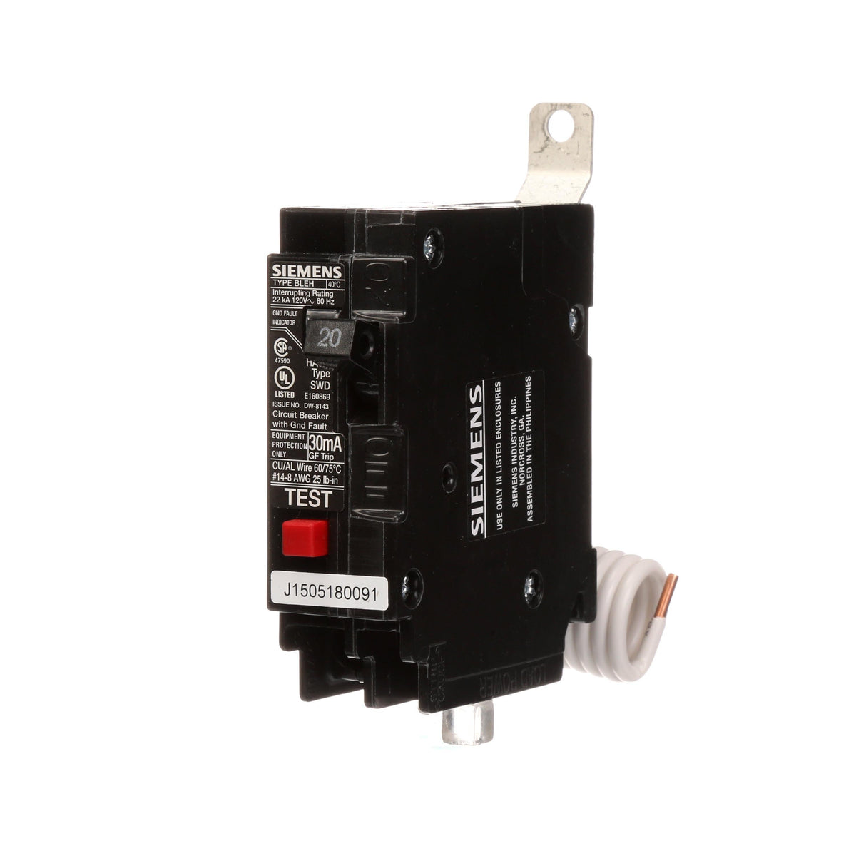 BE120H | Siemens 20A 1-Pole 120V Ground Fault Circuit Breaker 22kAIC Bolt-On