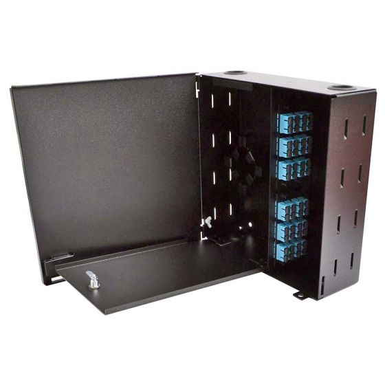 Wall Mount Enclosure 4 Panel Economy Loaded with SC/PC OM3 Plates/Trays-Black