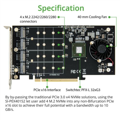Controladora Quad M.2 M-key NVMe Slot PCIe 3.0 x16 Bifurcation Riser Controller Card Non-RAID - MFerraz Tecnologia