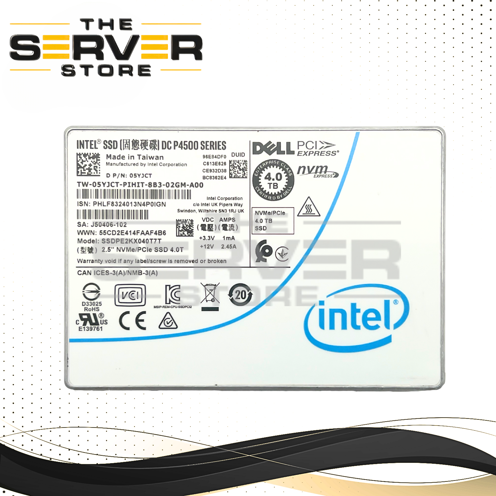 Dell 4TB NVMe U.2 PCIe Gen 3.0 x4 RI SFF 2.5" SSD Intel DC P4500 Series SSDPE2KX040T7T 05YJCT 5YJCT