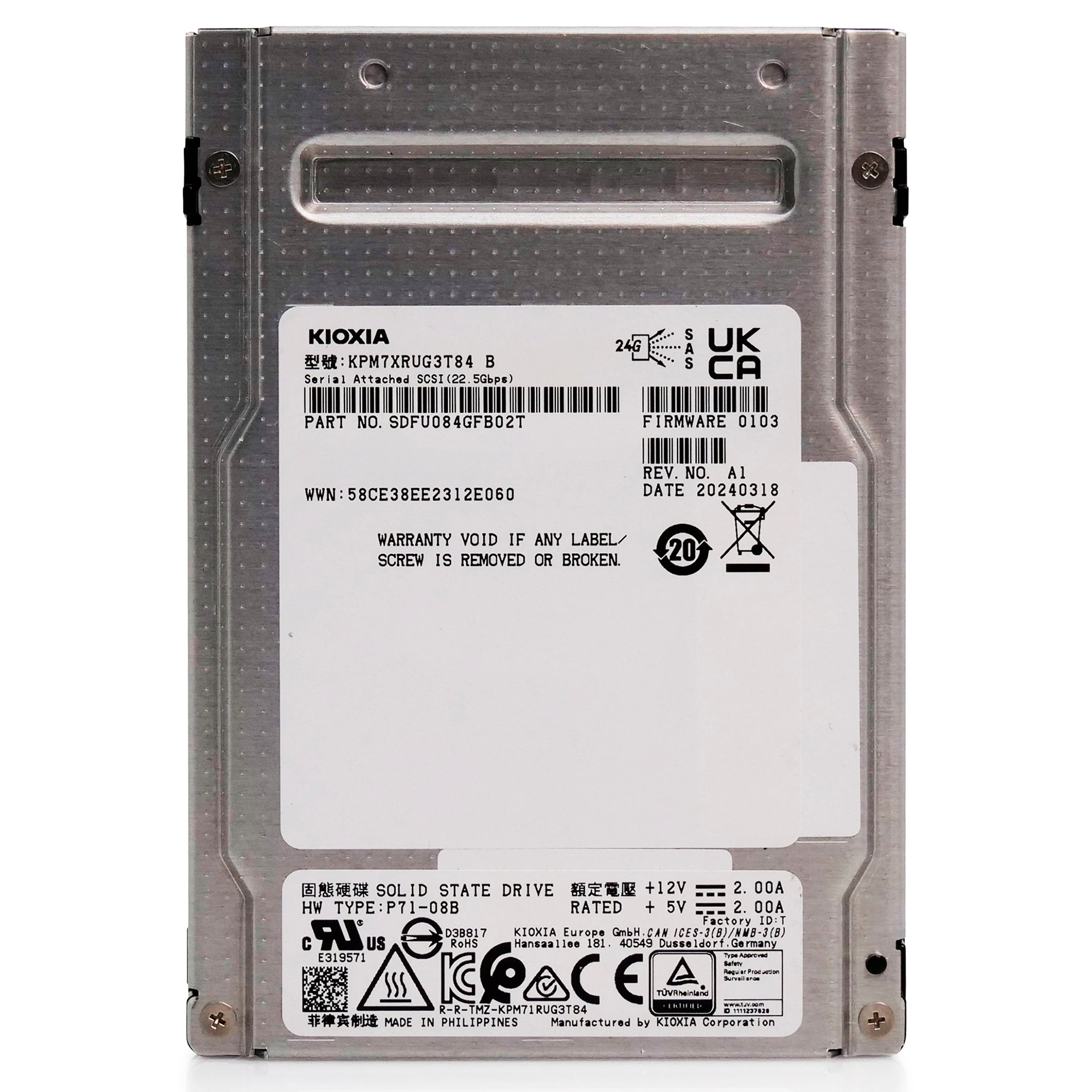 Kioxia PM7-R KPM7XRUG3T84 3.84TB 1DWPD SAS 24Gb/s 3D TLC 2.5in Recertified Solid State Drive