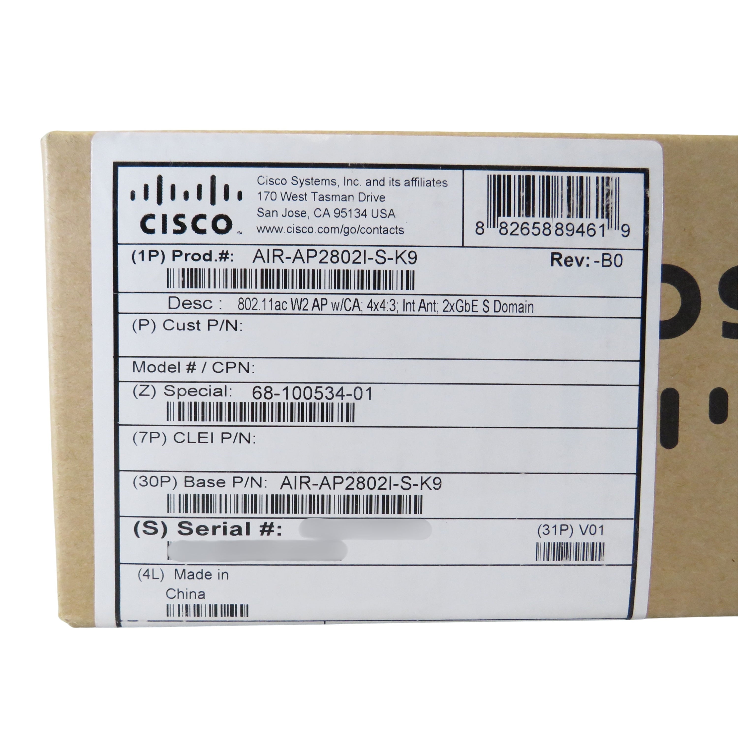 Cisco AIR-AP2802I-S-K9 802.11ac W2 AP w/ CA; 4x4:3; Int Ant; 2xGbE S Domain