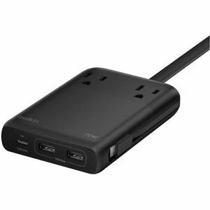 Belkin 2-Outlet Charging Station w/ 2x USB-A, 1x USB-C Ports + Tethered USB-C Cable 70W - 5ft Cord - Black