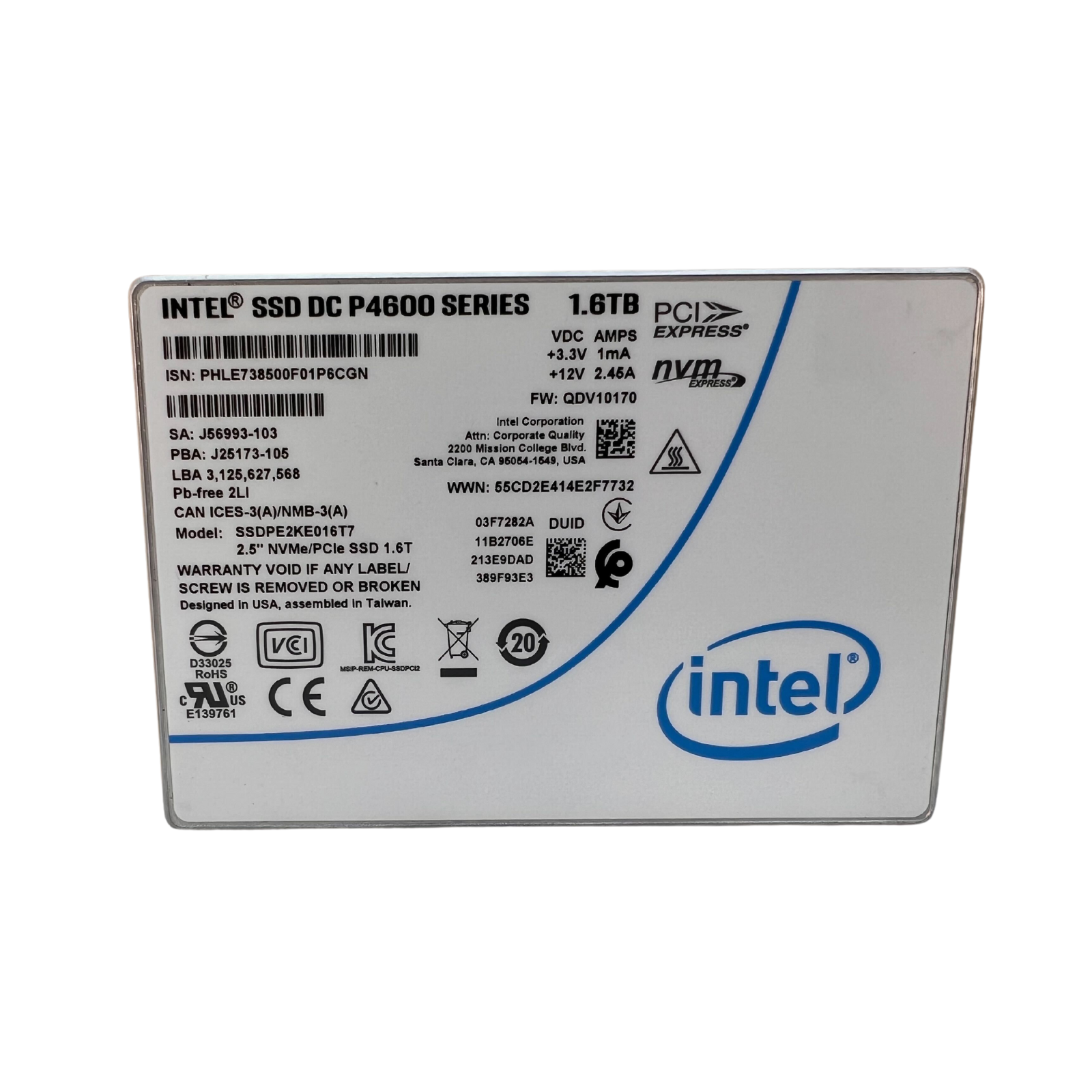 Intel 1.6TB NVMe PCIe U.2 2.5" SSD DC P4600 Series SSDPE2KE016T7