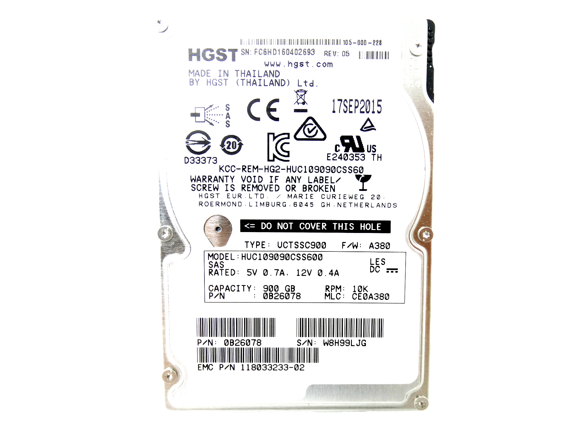 EMC HGST 900GB 10K 6GB/s SAS 2.5'' HDD Hard Drive (0B26078)