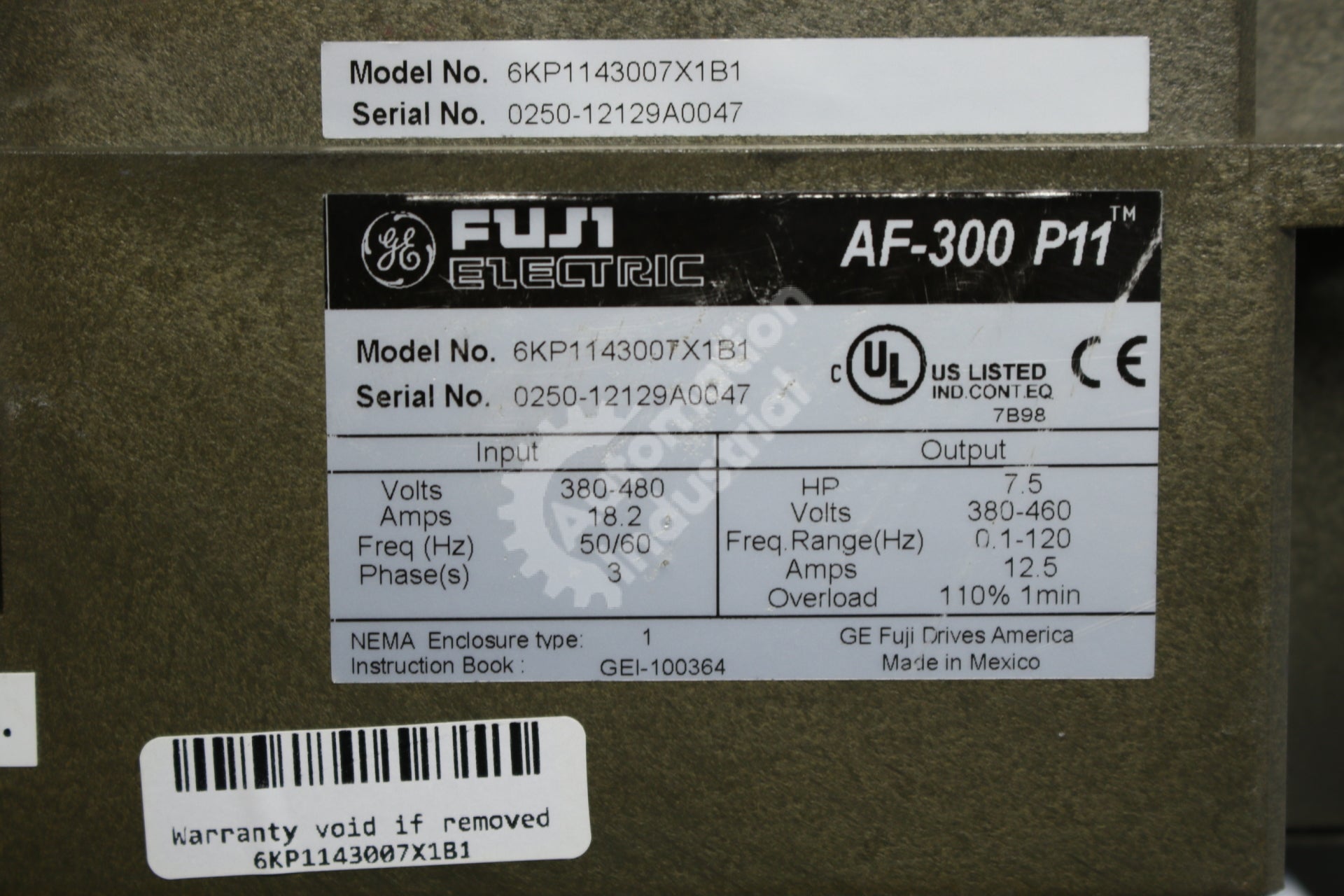 General Electric GE Fuji 6KP1143007X1B1 7HP Drive Missing Cover