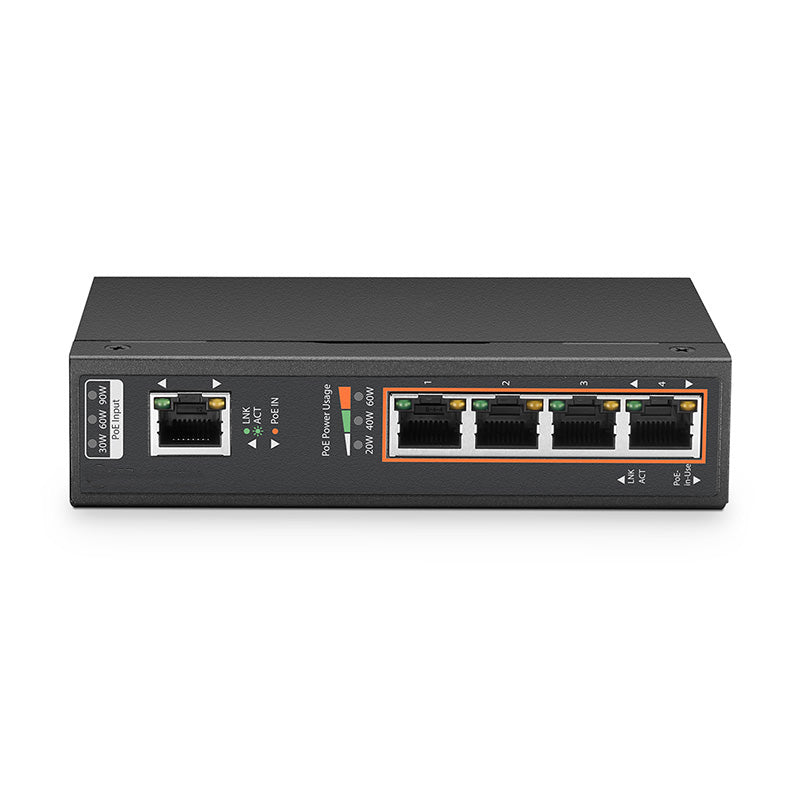 4-Ports 10/100/1000M Gigabit PoE+ Extender, 1x 802.3bt PoE++ Input to 4x 802.3af/at Output, Din-Rail, Industrial Standard