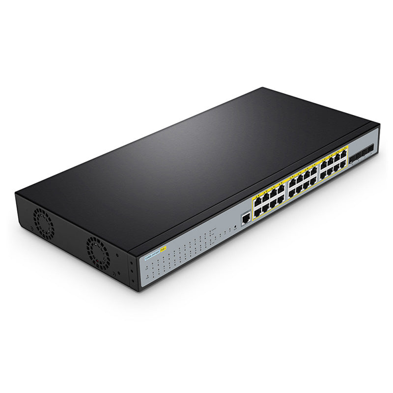 FS-S3400-24T4SP, 24-Port Gigabit Ethernet L2+ PoE+ Switch, 24 x PoE+ Ports @370W, with 4 x 10Gb SFP+ Uplinks, Support Stacking