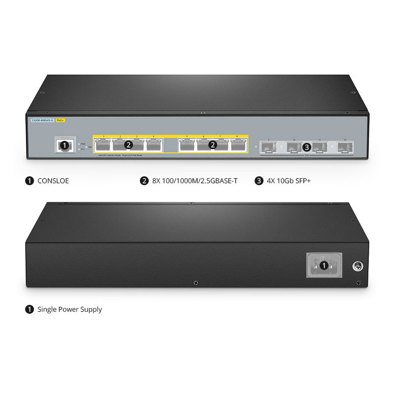 FS-S3200-8MG4S-U, 8-Port Ethernet L2+ Managed PoE+ Switch, 8 x 100M/1000M/2.5G Multi-Gigabit RJ45, with 4 x 10Gb SFP+ Uplinks