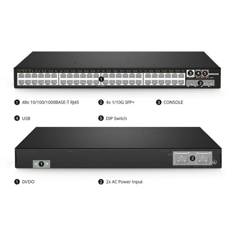 FS-IES5120-48T4S, 48-Port Gigabit Ethernet L2+ Managed Industrial Switch, 48 x 10/100/1000BASE-T, with 4 x 1/10Gb SFP+, -40 to 75°C Operating Temperature