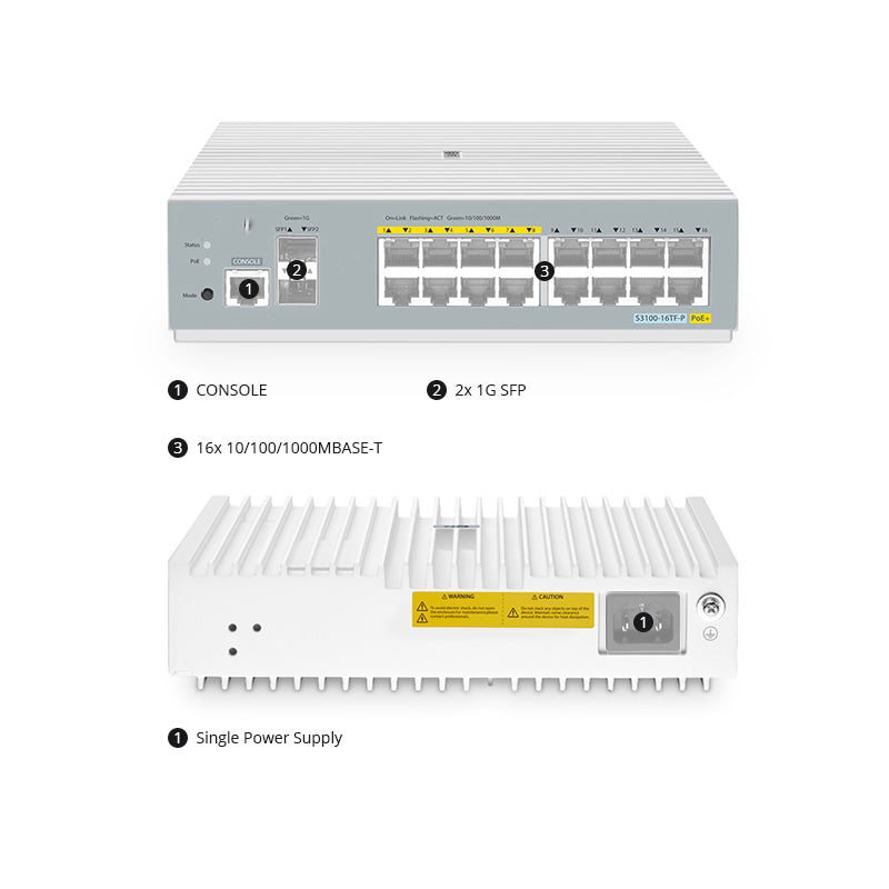 FS-S3100-16TF-P, 16-Port Gigabit Ethernet L2+ PoE+ Switch, 8 x PoE+ Ports@125W, with 2 x 1Gb SFP Uplinks, Broadcom Chip, Fanless