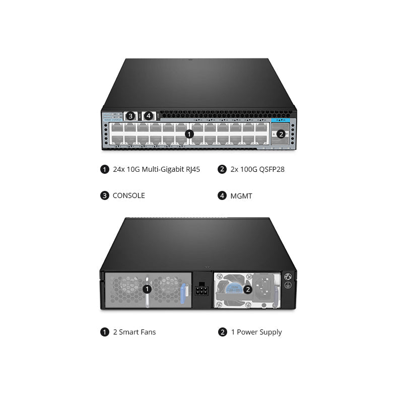 FS-S5850C-24XMG2C, 24-Port Gigabit Ethernet L3 Half-width Switch, 24 x 10GBase-T/Multi-Gigabit, with 2 x 100Gb QSFP28 Uplinks, AV over IP, Support MLAG