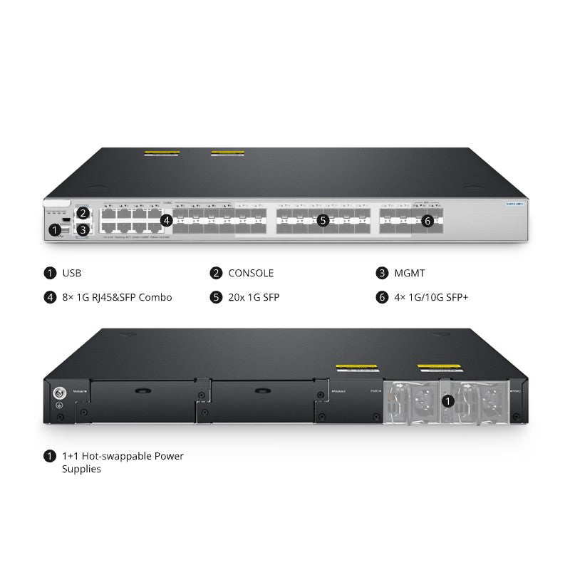 FC-S5810-28FS, 28-Port Gigabit Ethernet L3 Switch, 28 x 1Gb SFP, with 4 x 10Gb SFP+ Uplinks and 8 x 1G RJ45/SFP Combo Ports, Stackable Switch, Broadcom Chip
